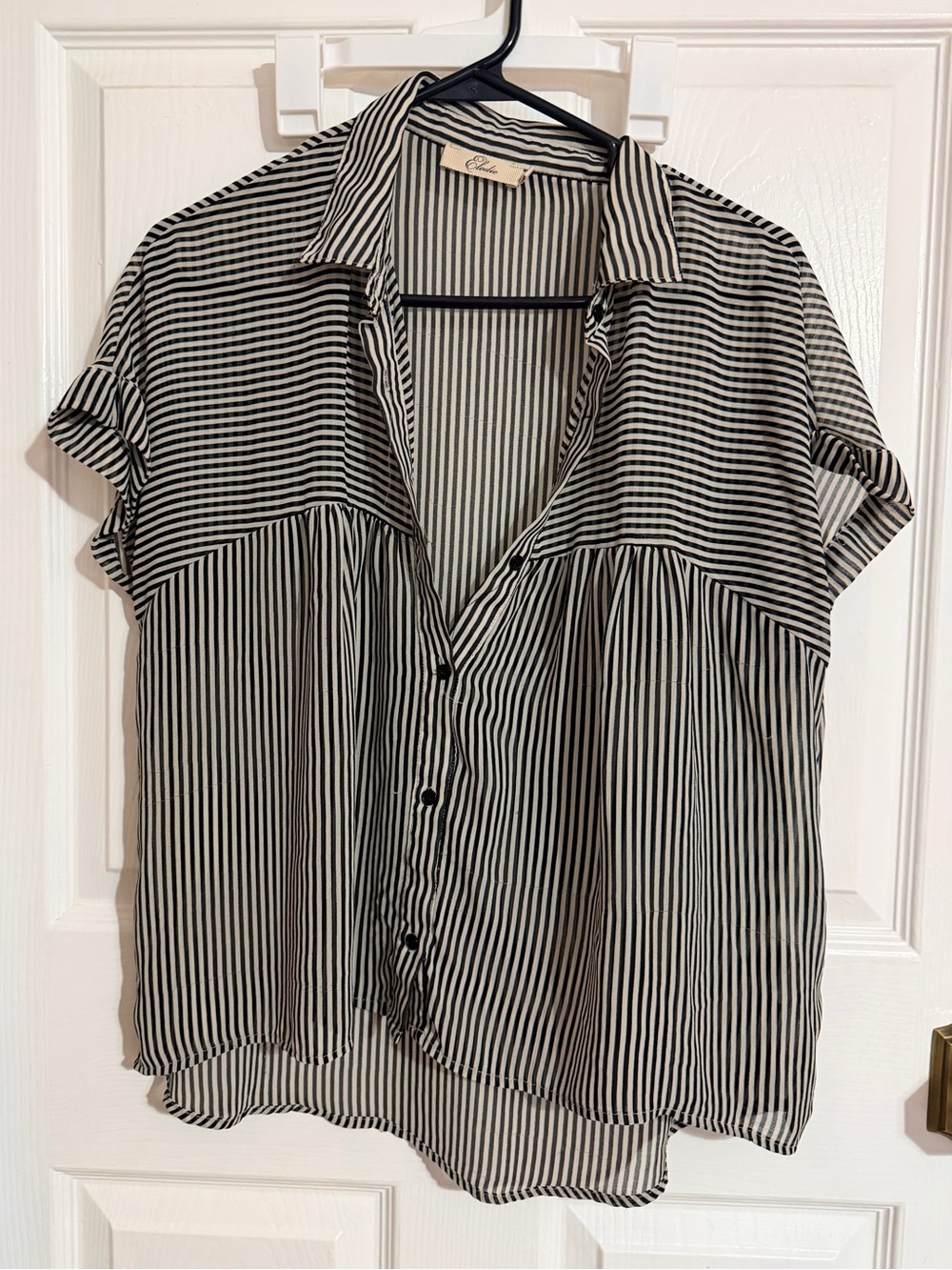 Striped, Sheer Elodie brand Button-Down Blouse in Black & White
